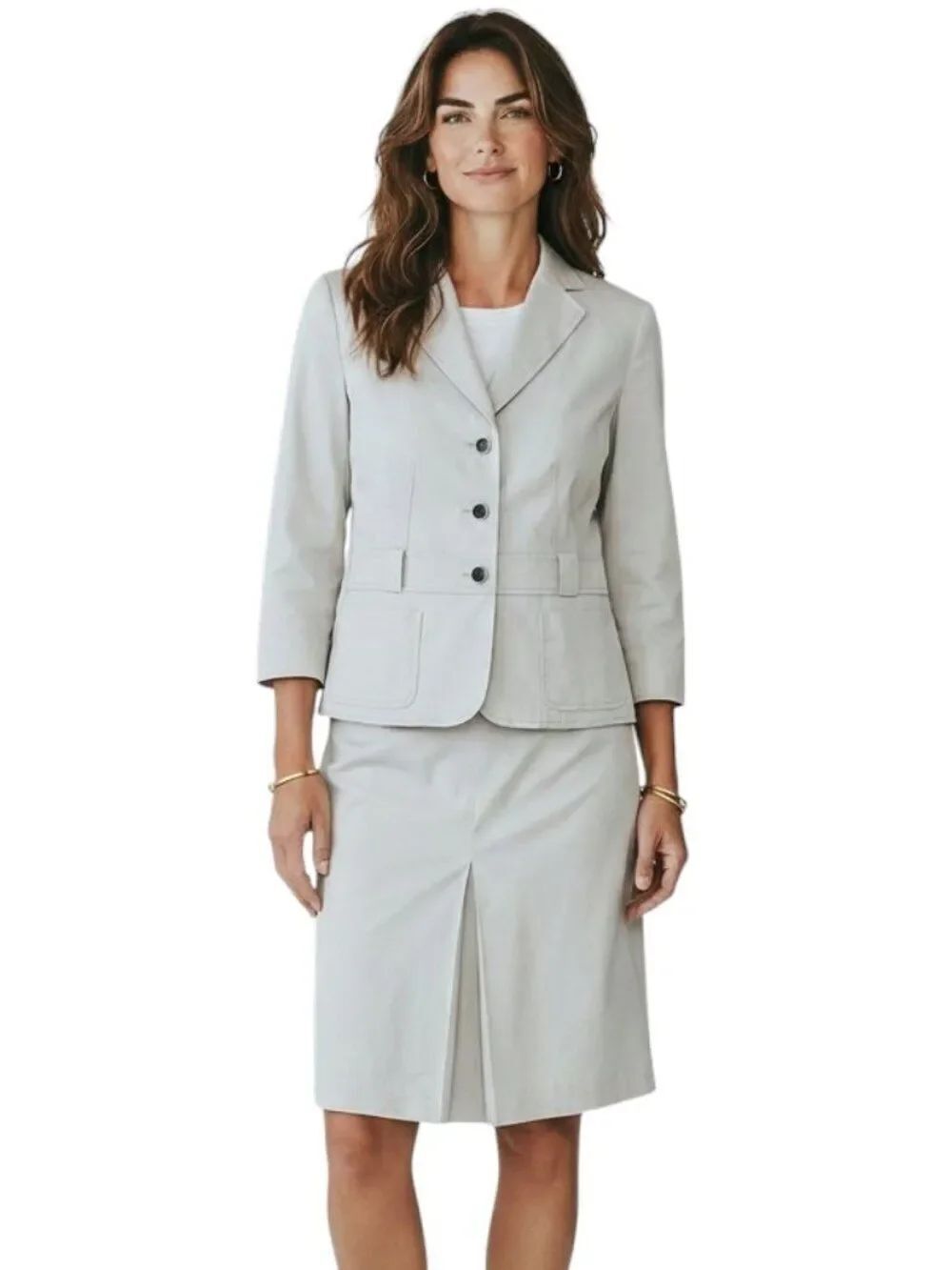 Calvin Klein Cream 2PC Blazer Pencil Skirt Suit Set Notch Lapel Belted Size 6